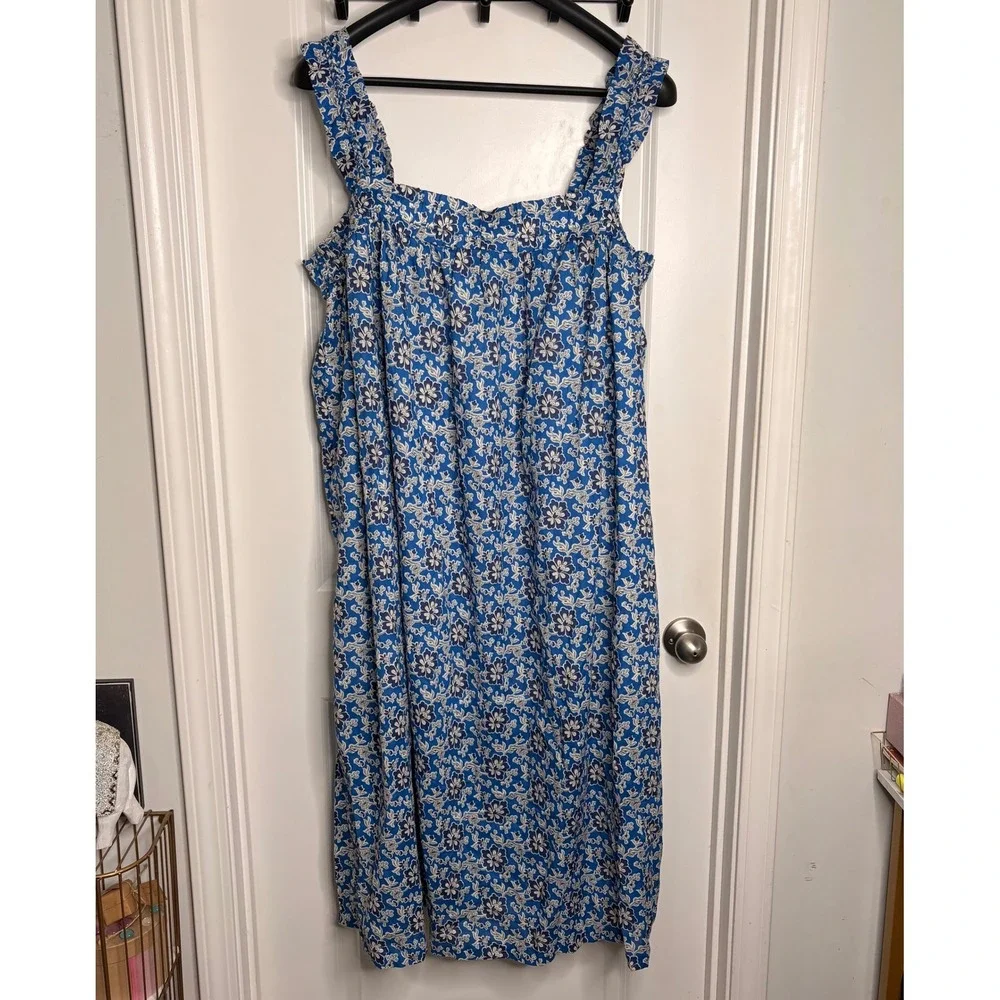 J. Crew Cotton Voile Ruffle Trim Shift Dress Blue Floral Pockets 3XL Cottagecore